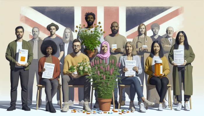 UK citizens with St John's Wort and antidepressants, symbolising diverse mental health approaches.