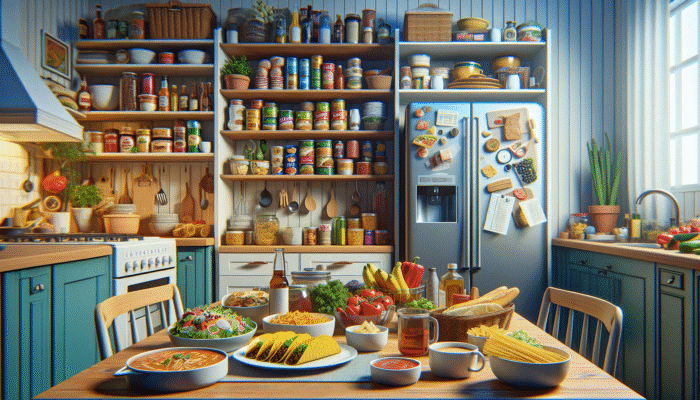Best Tips for Cooking on a Budget: A colourful weekly meal planner featuring Mexican tacos, Italian pasta, and an open pantry and fridge.