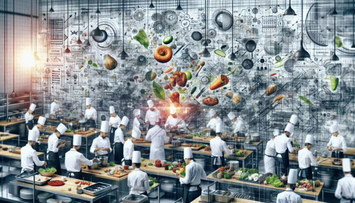 Chefs in a modern kitchen efficiently using all ingredients, minimising waste, with scales and cost charts.