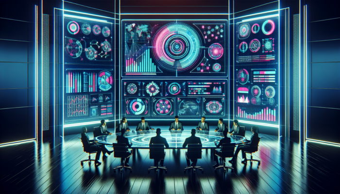 Futuristic command centre with holographic screens showing Google Business Profile analytics, team strategising, modern design with neon accents.