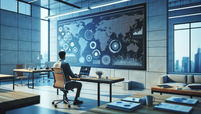 A person analysing colourful Google Analytics graphs on a large screen in a modern office, surrounded by business strategy notes and a laptop displaying a business profile.