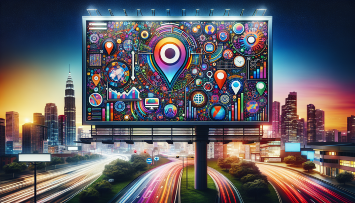 A vibrant digital billboard displaying "Boost Your Local SEO with Bing My Business" and SEO icons against a cityscape at dusk.
