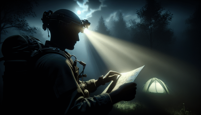 Tactical Headlamp Choices: Individual adjusting tactical headlamp brightness at forest's edge, using map and tent in moonlight.