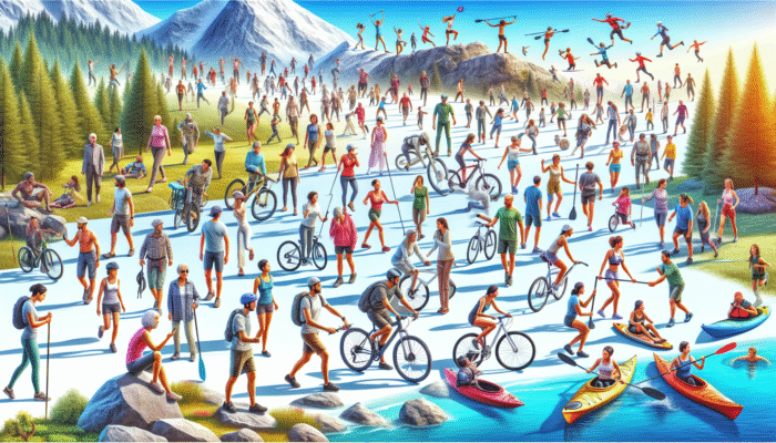 A vibrant collage of hiking, cycling, kayaking, and rock climbing across picturesque landscapes under a clear blue sky.