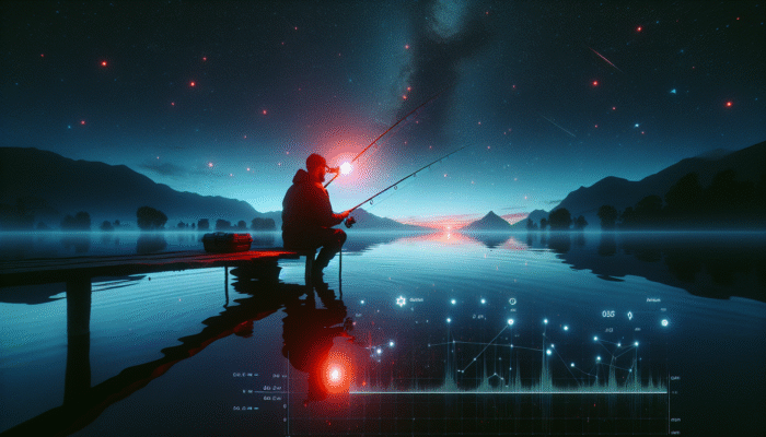Individual utilising a water-resistant headlamp with red light mode to fish at night on a serene, starry lake.