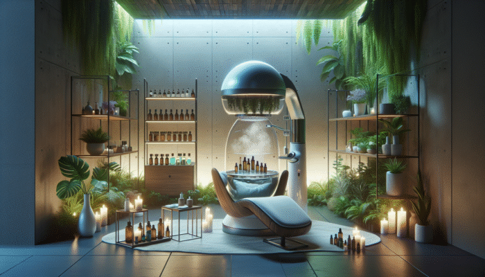 A modern hair steamer in a serene spa setting with essential oils and lush plants.