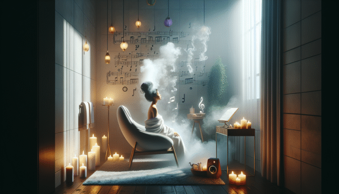 A woman enjoying a hair steaming session in a serene bathroom corner with soft lighting and calming decor.