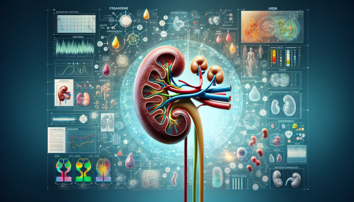A medical chart showing kidney test results with highlighted creatinine, urea, electrolytes, and a kidney model.