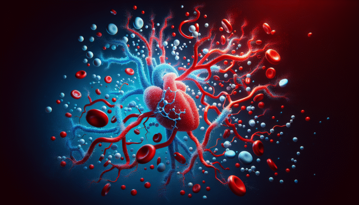 Illustration of nitric oxide molecules enhancing cardiovascular health in blood vessels, depicted in red and blue hues.