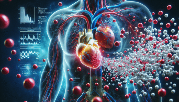 Illustration of nitric oxide enhancing blood flow and alleviating symptoms in a heart affected by cardiovascular diseases.