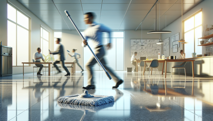 A modern spray mop cleaning a stone floor, showcasing ease and efficiency in a busy household.