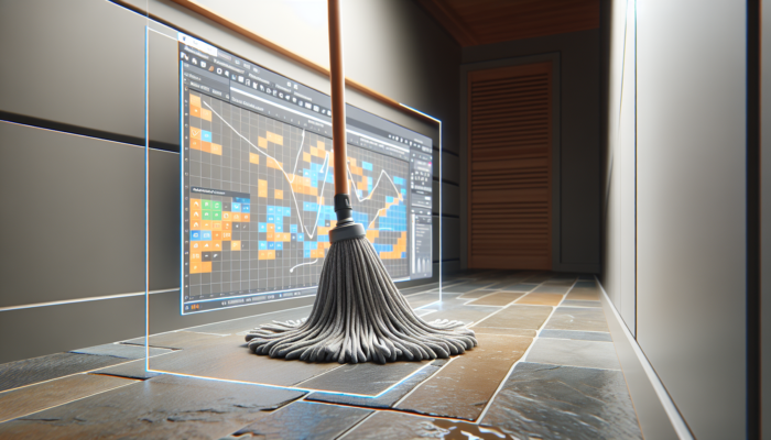 A high-quality microfiber mop head cleaning a stone floor, reaching corners and trapping dirt.