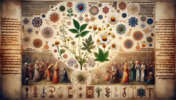 Medieval manuscript with illustrations of chamomile, nettle, willow bark, and ancient healers, showcasing UK's herbal history.
