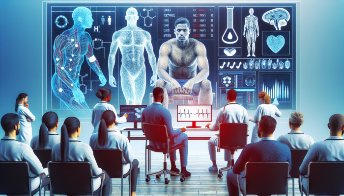 Patient in Ormskirk undergoing testosterone blood test, healthcare professionals analysing results on screen.