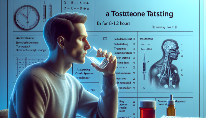 Person fasting, drinking water, preparing for testosterone test in Ormskirk, with medical chart and medications.