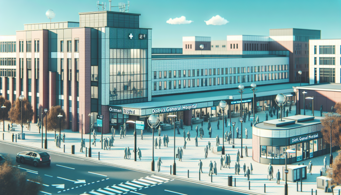 Ormskirk District General Hospital and local clinics with walk-in services under a clear sky.