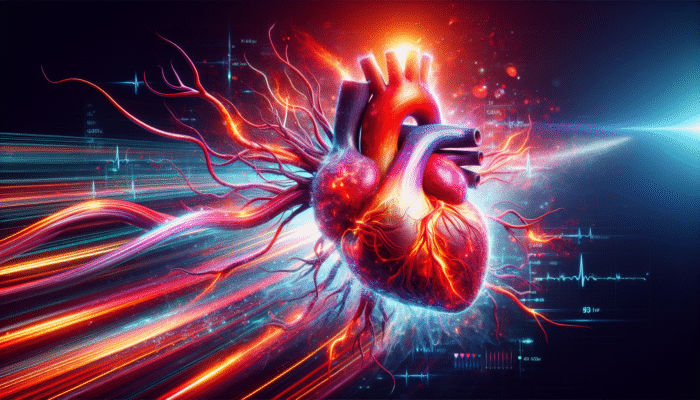 Supporting Heart Health with Supplements: A vibrant heart with flowing blood vessels, showing heart rate and cholesterol levels.