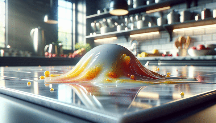 A glossy, sealed ceramic tile in a kitchen, resisting spills and steam, demonstrating durability.
