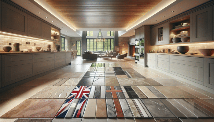 UK home interior featuring glossy ceramic, smooth porcelain, and textured natural stone tiles, each treated with appropriate sealers.