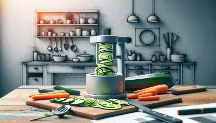 A compact manual spiralizer creating zucchini and carrot spirals in a small, cosy kitchen.