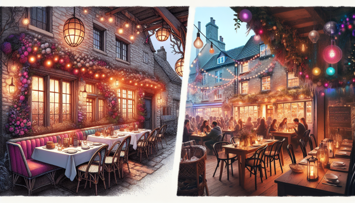 How to Celebrate Debt Consolidation Milestones: A Guide | DCL A cosy bistro in the Cotswolds and a lively eatery in Soho, both bustling with celebrating patrons.