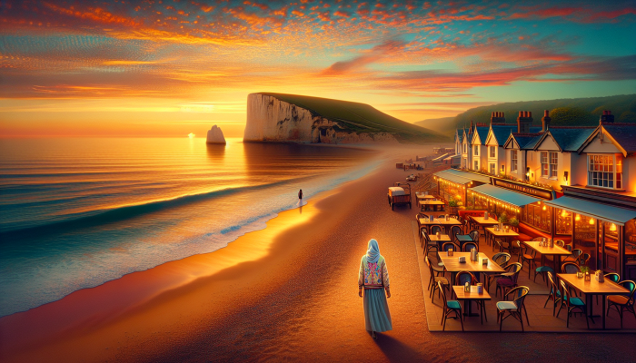 How to Celebrate Debt Consolidation Milestones: A Guide | DCL A serene UK coastal sunset scene featuring a person walking, local cafés, and distant cliffs, celebrating relaxation.