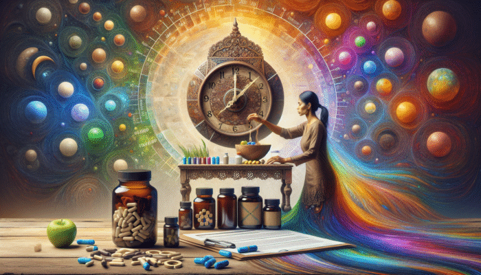 A person adjusting a clock beside supplements, with a background illustrating circadian rhythms and optimal intake times.