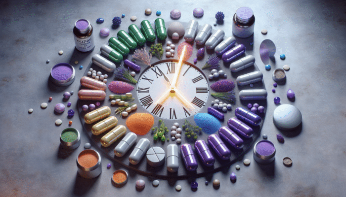 A clock with supplements: pre-workout capsules at 30-60 minutes before exercise, magnesium and valerian root at evening.