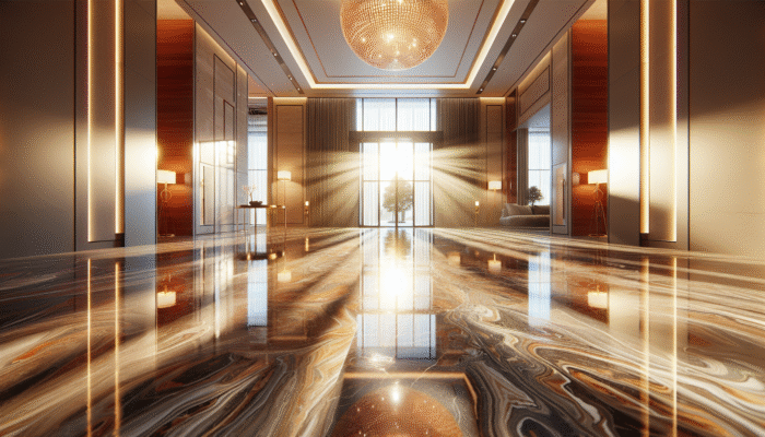 A sparkling travertine floor in a luxurious home entryway, enhancing the space's inviting atmosphere.