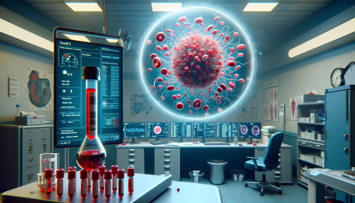Illustration of a vitamin B12 blood test in Ramsgate clinic, showing red blood cells, nerve fibers, and DNA.