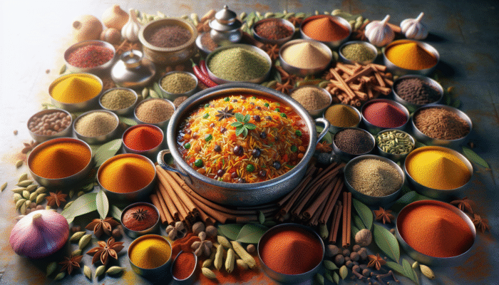 A vibrant kitchen scene featuring an array of spices and a steaming pot of biryani.