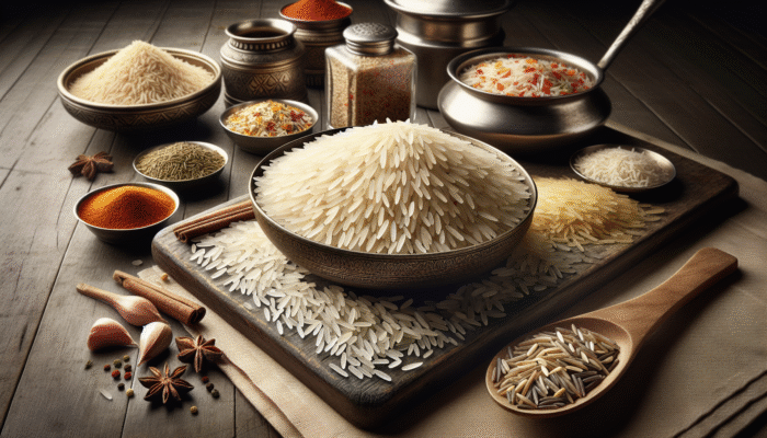 Aromatic basmati and seeraga samba rice alongside spices and biryani utensils, showcasing their texture and fragrance.