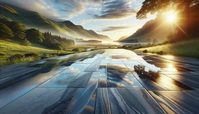 A picturesque Inverclyde landscape featuring a luxurious, waterproofed stone floor that reflects its vibrant surroundings, demonstrating durability and protection.