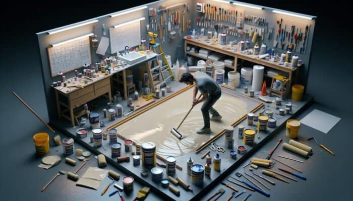 Individual applying waterproof sealant with tools and materials in a well-organised workspace.