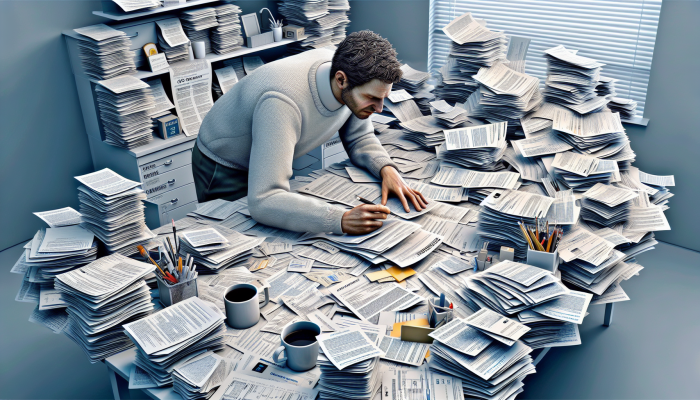 First Steps to Consolidate Your Debt: A UK Guide | DCL First Steps to Consolidate Your Debt: A person organising financial documents on a cluttered desk with a focused expression.