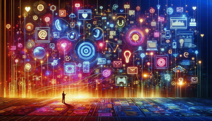 Digital Ad: A vibrant digital landscape with interconnected social media, search engines, and mobile apps, symbolising targeted advertising strategies.