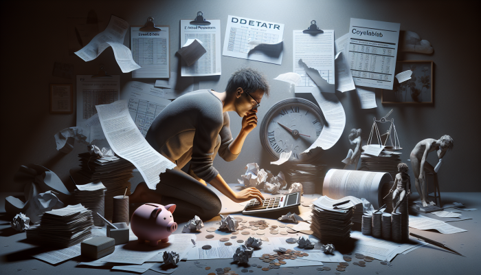 Does Debt Consolidation Hurt Your Future Loans: Impact Explained | DCL Person in dimly lit room, surrounded by financial documents, anxiously calculating extended debt repayment on calculator, calendar showing prolonged dates.