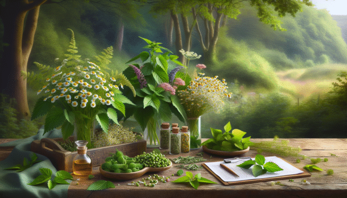 UK herbs nettle, elderflower, and chamomile on a rustic table, with woodland background.