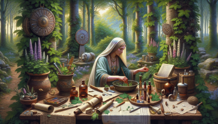 Advanced Herbal Tincture Formulations: An ancient Celtic herbalist crafting a tincture in a UK forest, blending indigenous and Roman knowledge.