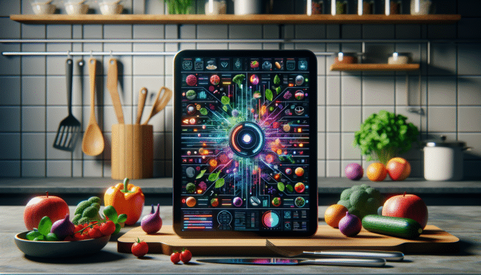 A modern kitchen with an AI tablet showcasing a variety of recipes, surrounded by fresh ingredients and cooking utensils.