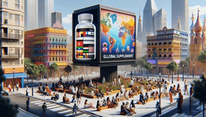 The Growing Role of Humor in Supplement Ads: A colourful global billboard with humorous supplement ads, showing diverse people laughing and engaging in a vibrant cityscape.