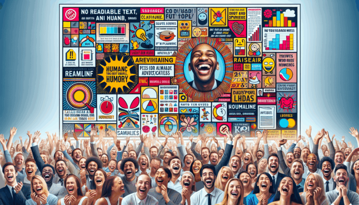 A vibrant collage showcasing humorous ads with witty slogans and diverse laughing people, emphasizing humour's universal appeal in marketing.