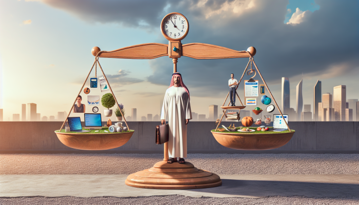 A man balancing work and personal life on a scale, with office elements on one side and family, hobbies, and self-care on the other, in a serene environment.