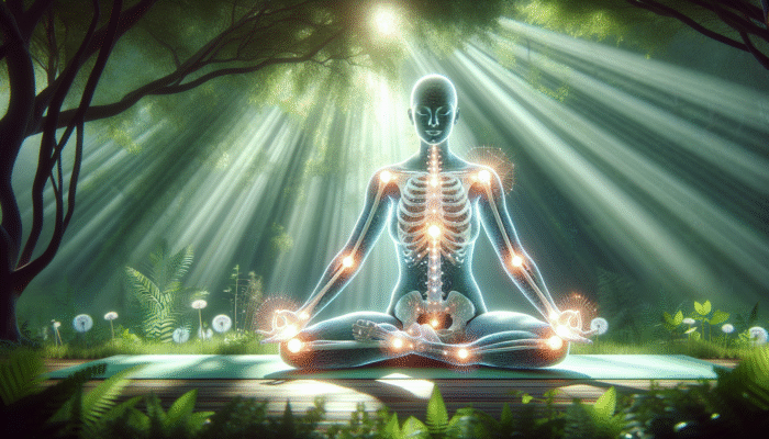 Joint Support for Yoga Athletes: A yoga practitioner in a deep pose with glowing joints, set in peaceful nature, emphasising joint health.