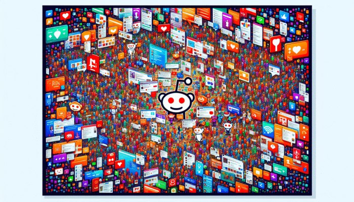 Engage in Local Reddit Communities for SEO: A vibrant collage depicting the diverse subreddits and user interactions found on Reddit.