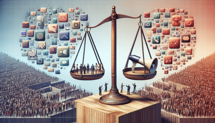 A scale balancing a megaphone and people talking, symbolising the delicate balance of promotion and interaction on Reddit.