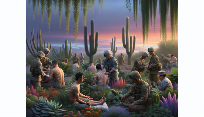 Soldiers receiving acupuncture on a serene battlefield at sunset, surrounded by diverse flora.