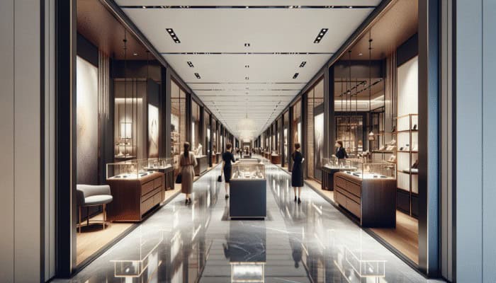 Elegant corridor at The Forum Shops with luxury boutiques of Gucci, Versace, and Louis Vuitton.
