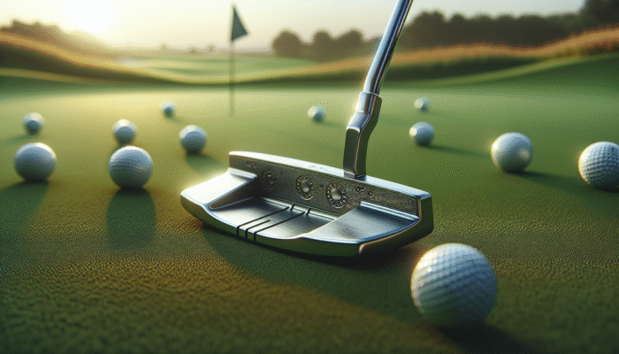 A classic blade putter on a green golf course, reflecting sunlight, surrounded by golf balls.