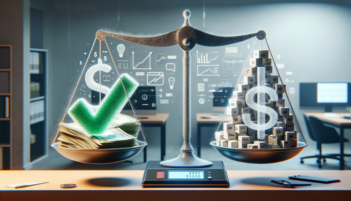 Comprehensive Guide to Debt Consolidation Loan Income Criteria | DCL A scale balancing bills against a paycheck, with a green checkmark over the lower debt side, within a financial office.